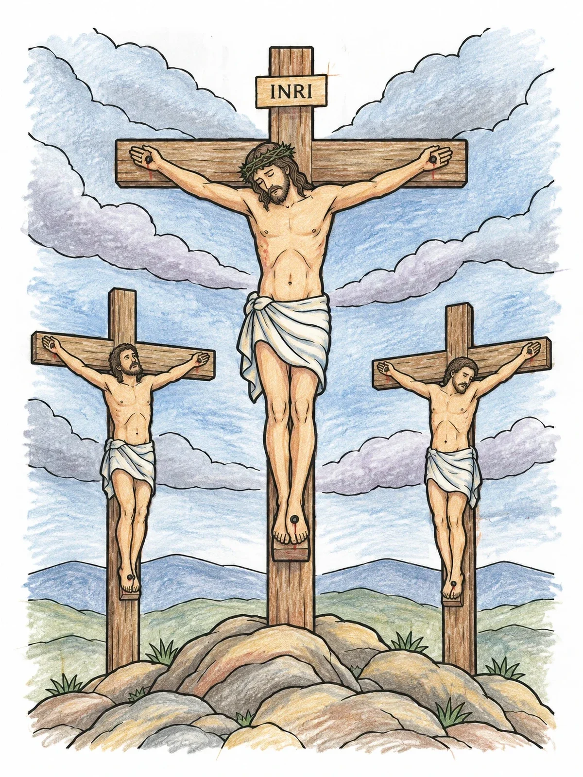 Colored example of the Crucifixion Of Jesus On Mount Calvary coloring page