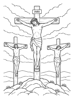 A detailed jesus coloring page depicting the crucifixion scene with three crosses on a hill.