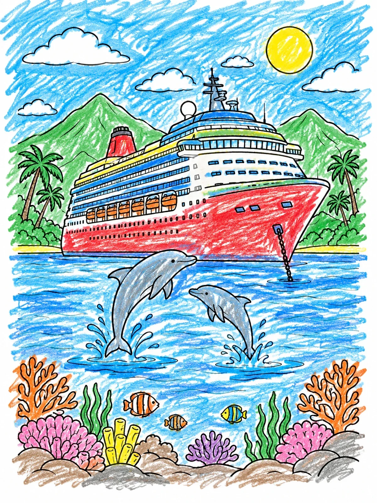 Colored example of the Cruise Ship Anchored In Tropical Bay coloring page