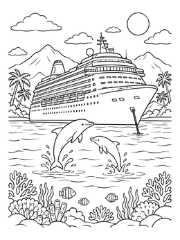 Free printable Cruise Ship Anchored In Tropical Bay coloring page
