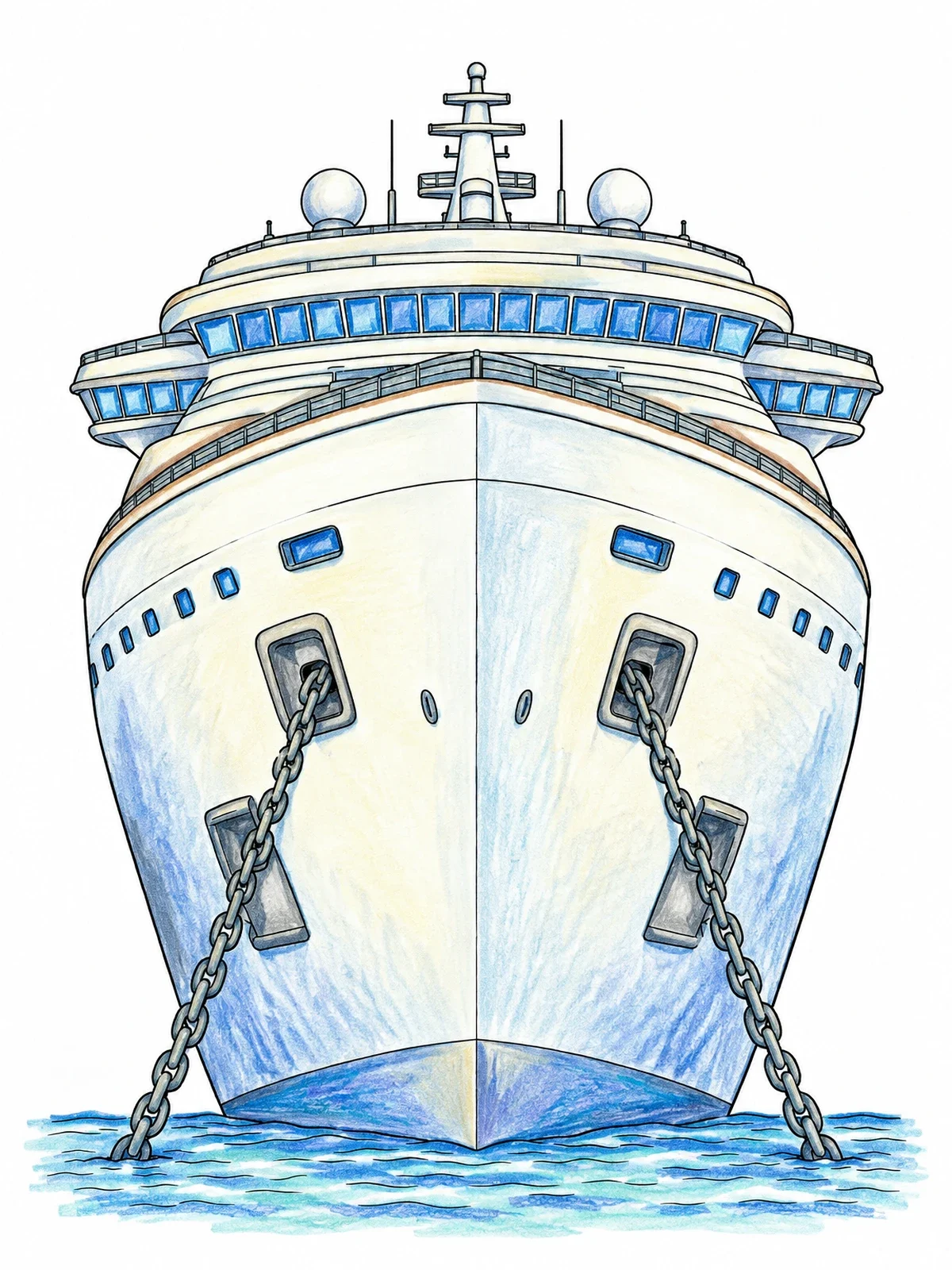 Colored example of the Cruise Ship Bow With Lowered Anchors coloring page