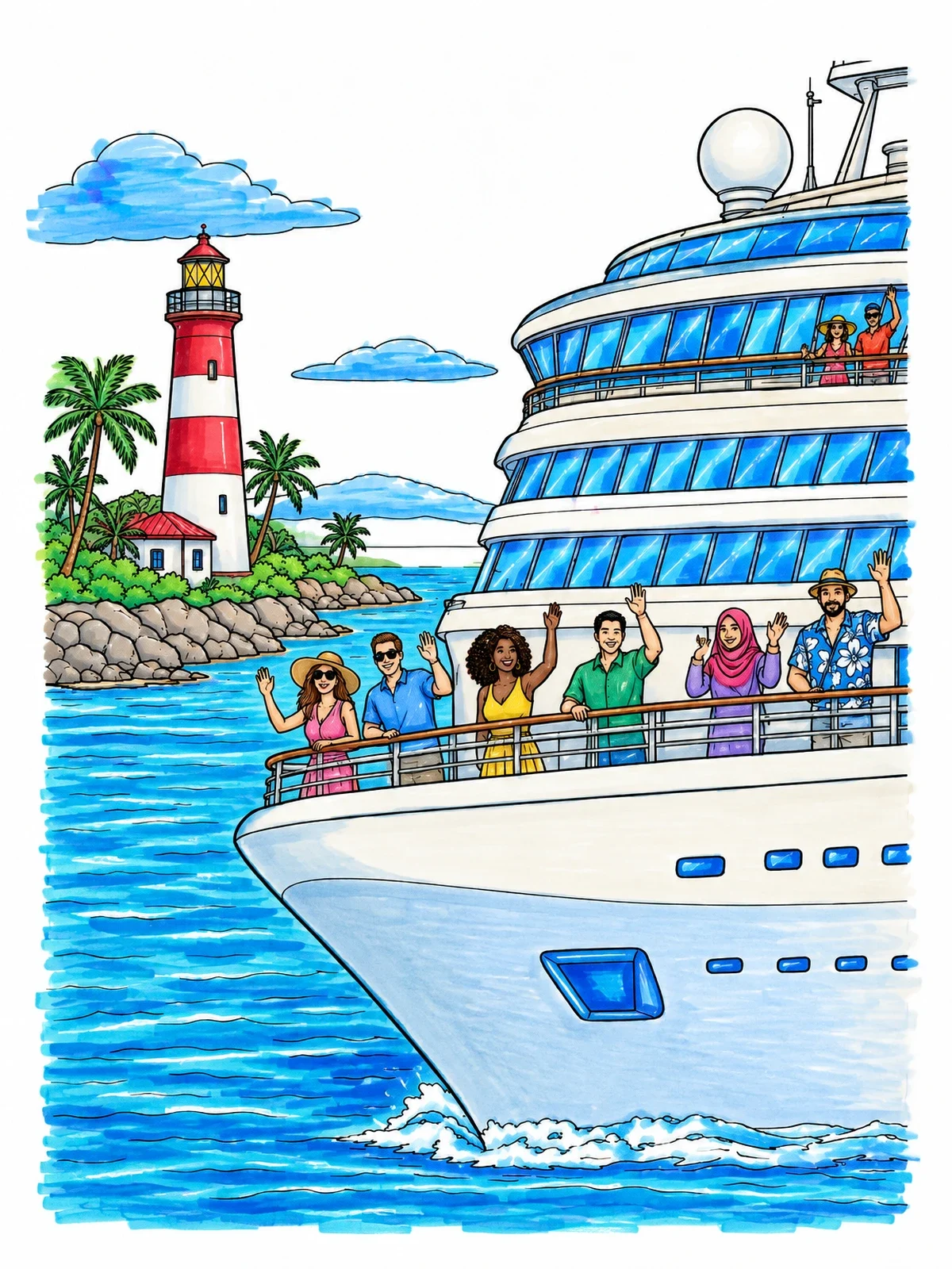 Colored example of the Cruise Ship Sailing Past Lighthouse coloring page
