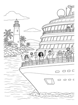 Free printable Cruise Ship Sailing Past Lighthouse coloring page