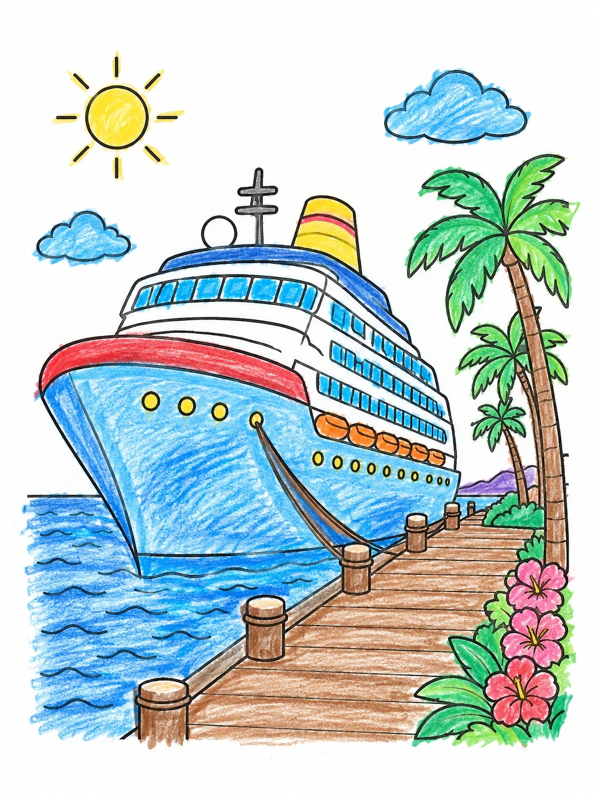 Colored example of the Cruise Ship Docked At Tropical Pier coloring page