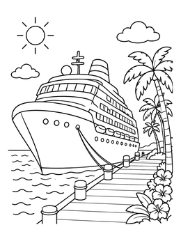 Free printable Cruise Ship Docked At Tropical Pier coloring page