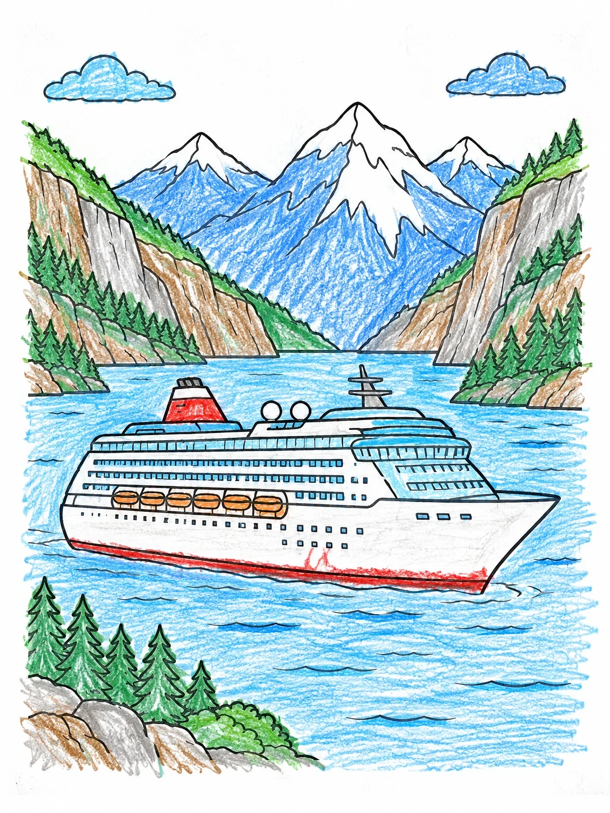 Colored example of the Cruise Ship In Northern Fjord coloring page