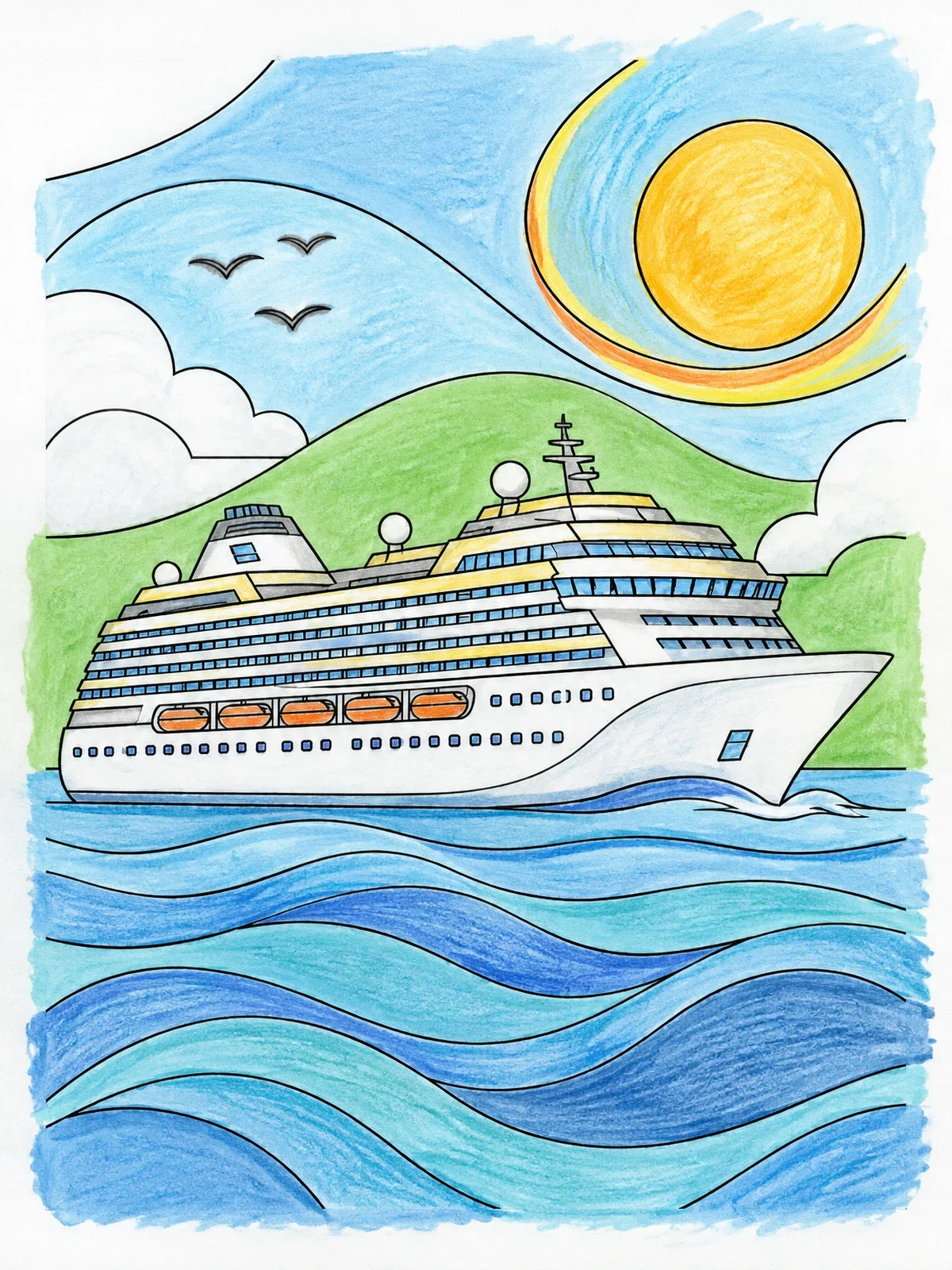 Colored example of the Cruise Ship Sailing On Calm Waters coloring page