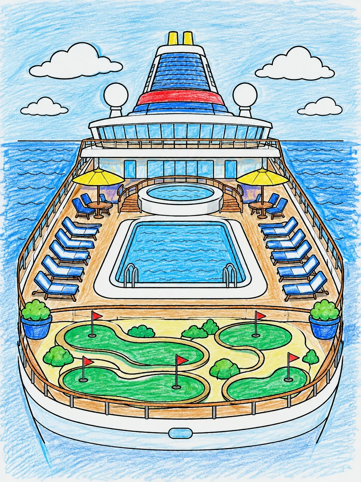 Colored example of the Cruise Ship Sun Deck With Pool And Mini Golf coloring page