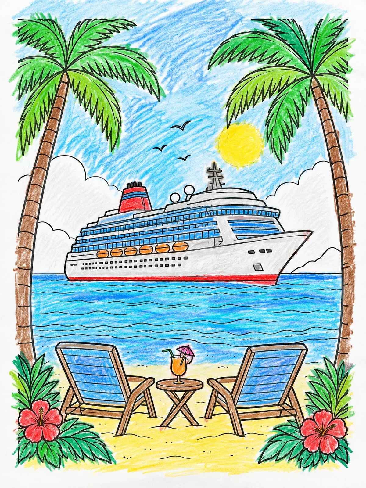 Colored example of the Cruise Ship Seen From Tropical Beach coloring page