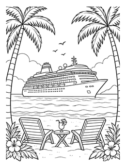 Free printable Cruise Ship Seen From Tropical Beach coloring page