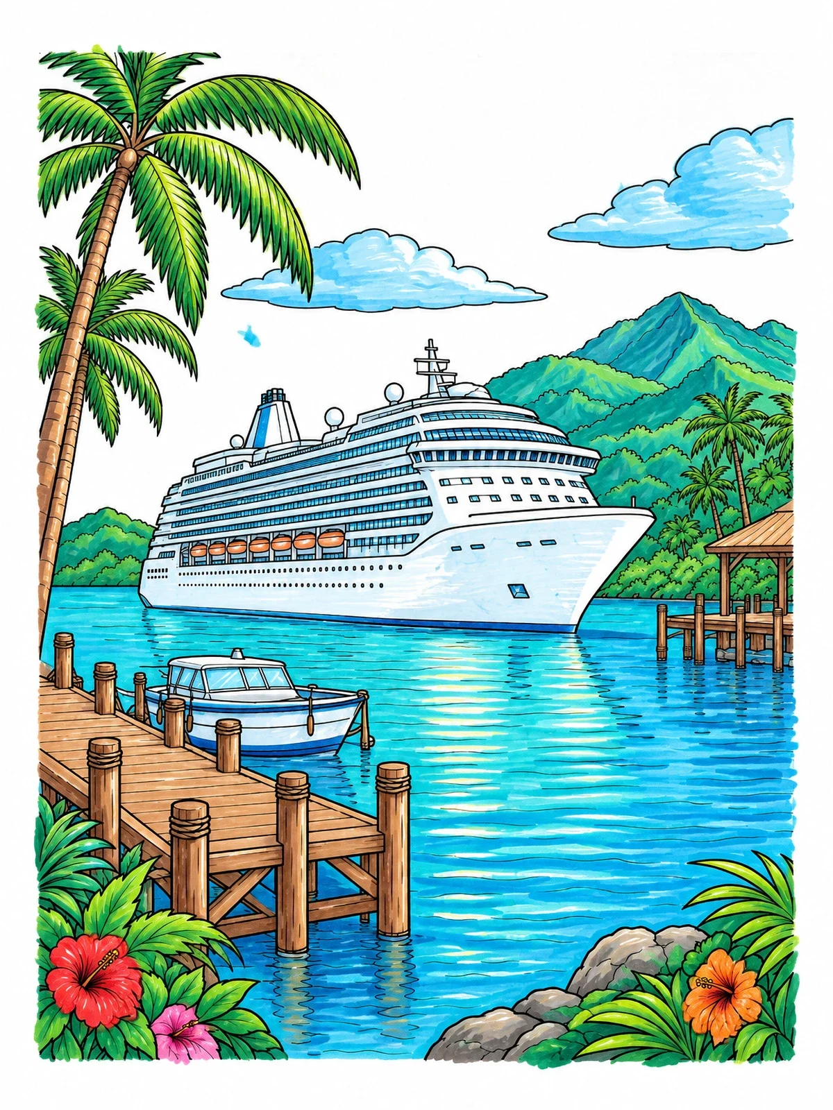 Colored example of the Cruise Ship In Tropical Island Harbor coloring page