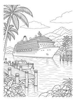 Free printable Cruise Ship In Tropical Island Harbor coloring page