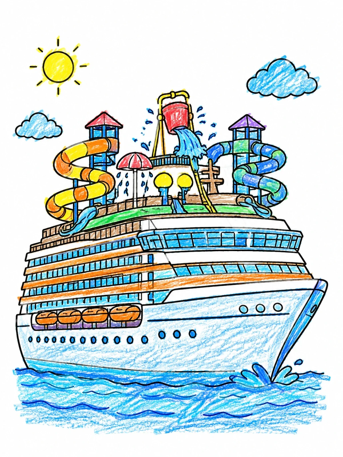 Colored example of the Cruise Ship With Water Park coloring page