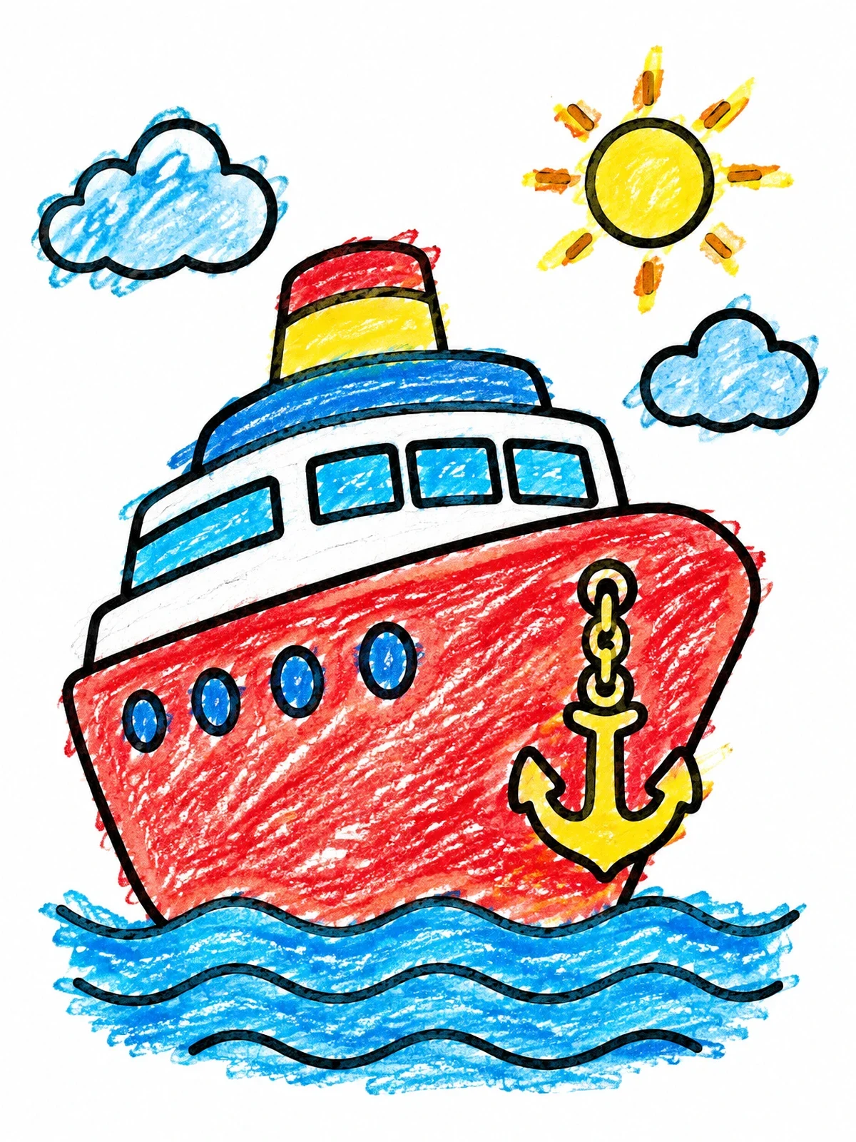 Colored example of the Cruise Ship With Anchor And Sun coloring page