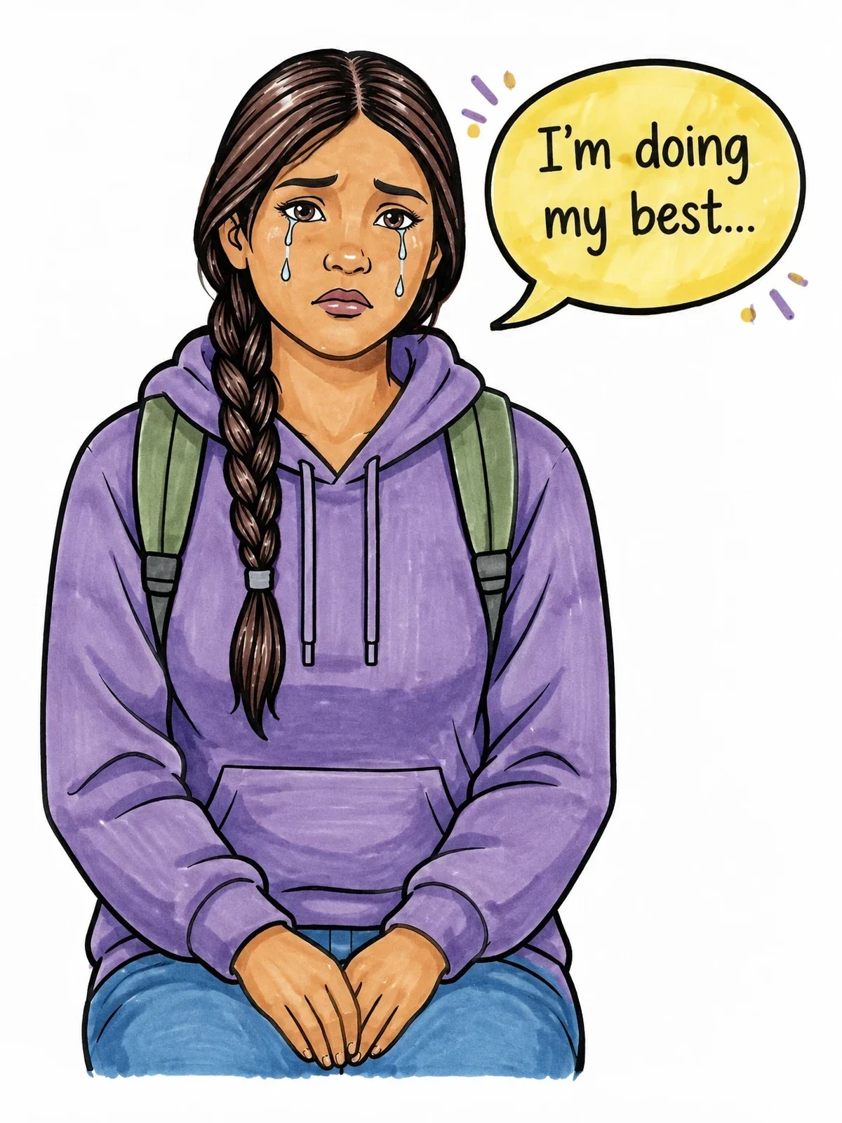 Colored example of the Crying Girl With Speech Bubble coloring page