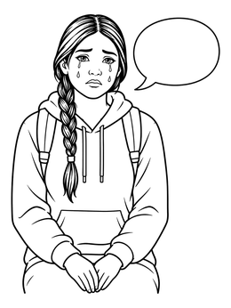 A pop art coloring page of a crying girl wearing a hoodie with an empty speech bubble.