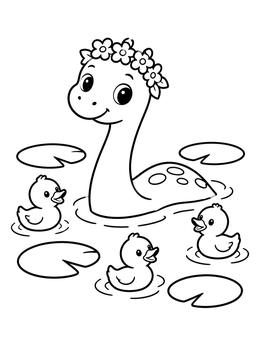 Free printable Cute Loch Ness Monster With Ducklings coloring page