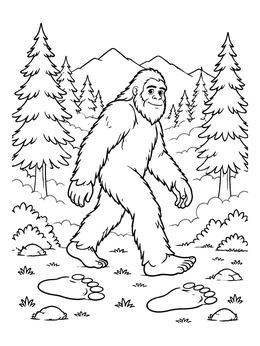 Free printable Friendly Bigfoot Walking In The Forest coloring page