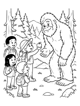 Free printable Friendly Bigfoot Meeting Young Hikers coloring page