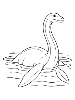 A friendly cryptid coloring page of a long-necked lake monster swimming in calm water.
