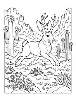 A horned jackalope leaping across a desert canyon landscape on this cryptid coloring page.