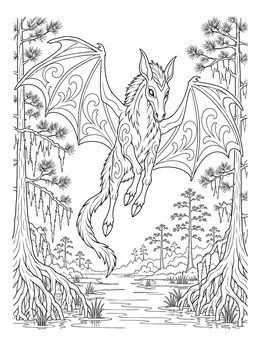 A detailed cryptid coloring page of the Jersey Devil flying over a swamp surrounded by pine trees.