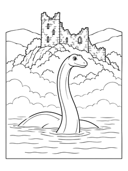 A friendly Loch Ness monster swims in water near ruined castle towers on this cryptid coloring page.