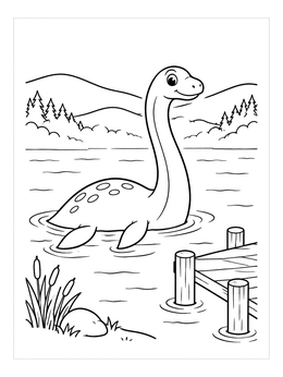 Free printable Friendly Loch Ness Monster By Lake Pier coloring page