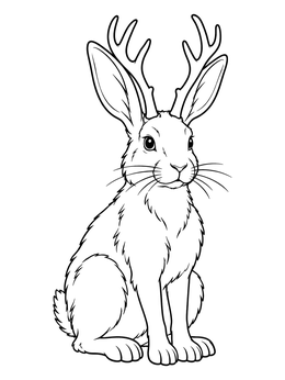 A horned jackalope sits alert in this cryptid coloring page.