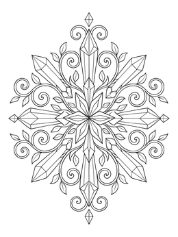 An intricate crystal snowflake coloring page decorated with curling vine tendrils.