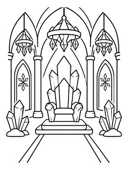 A sparkling ice coloring page featuring a grand throne room with crystal chandeliers.