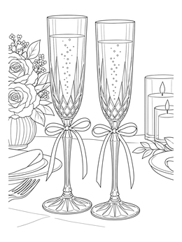 Elegant crystal toasting flutes on a banquet table in this wedding coloring page.