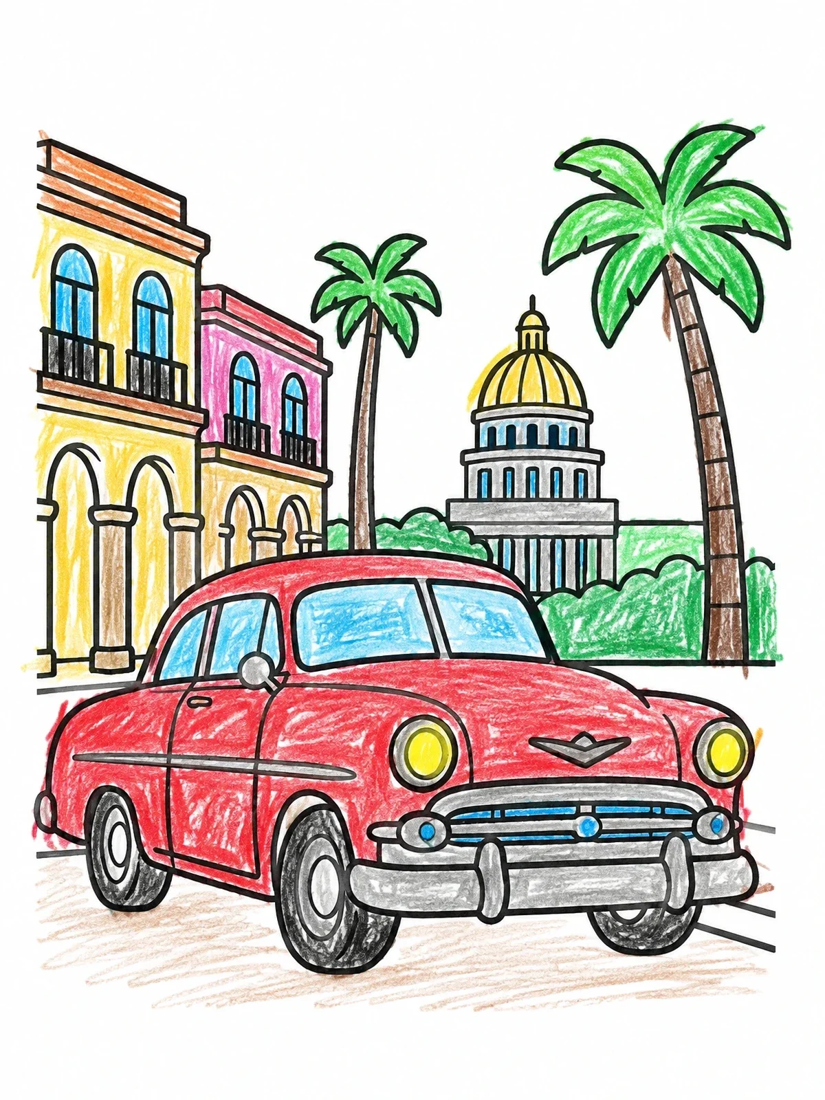 Colored example of the Classic Vintage Car In Havana coloring page