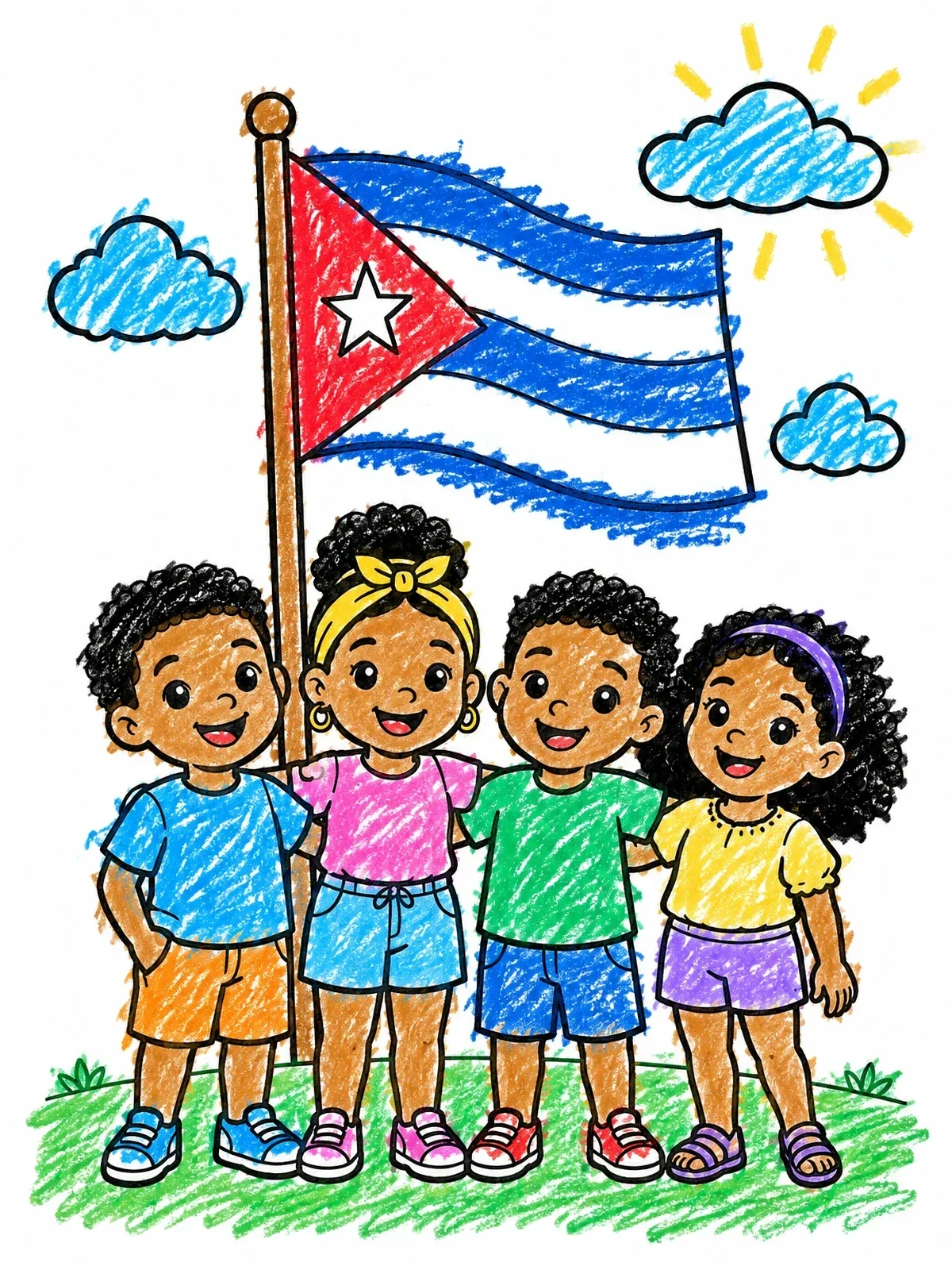 Colored example of the Cuban Children And National Flag coloring page
