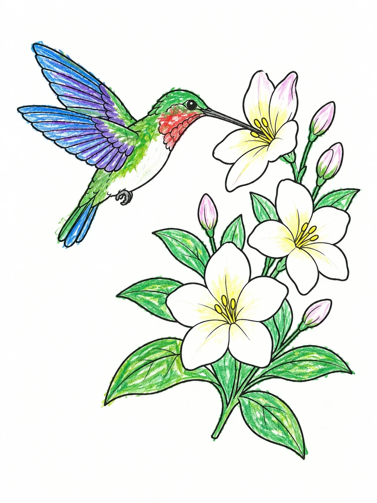 Colored example of the Bee Hummingbird And Blooming Jasmine coloring page
