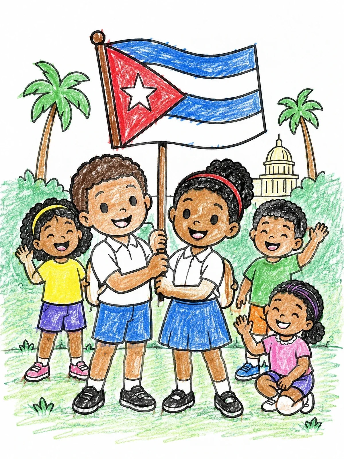 Colored example of the Cuban Children With Flag coloring page