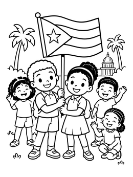 Free printable Cuban Children With Flag coloring page