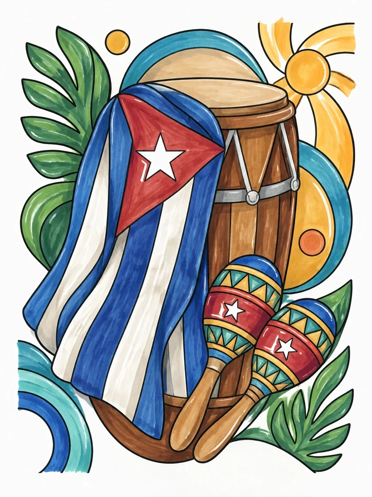 Colored example of the Cuban Drum, Flag, And Maracas coloring page