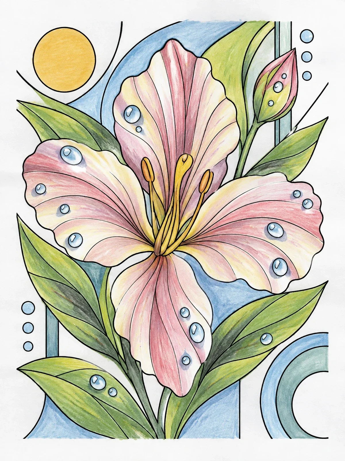 Colored example of the Cuban Mariposa Flower With Dewdrops coloring page