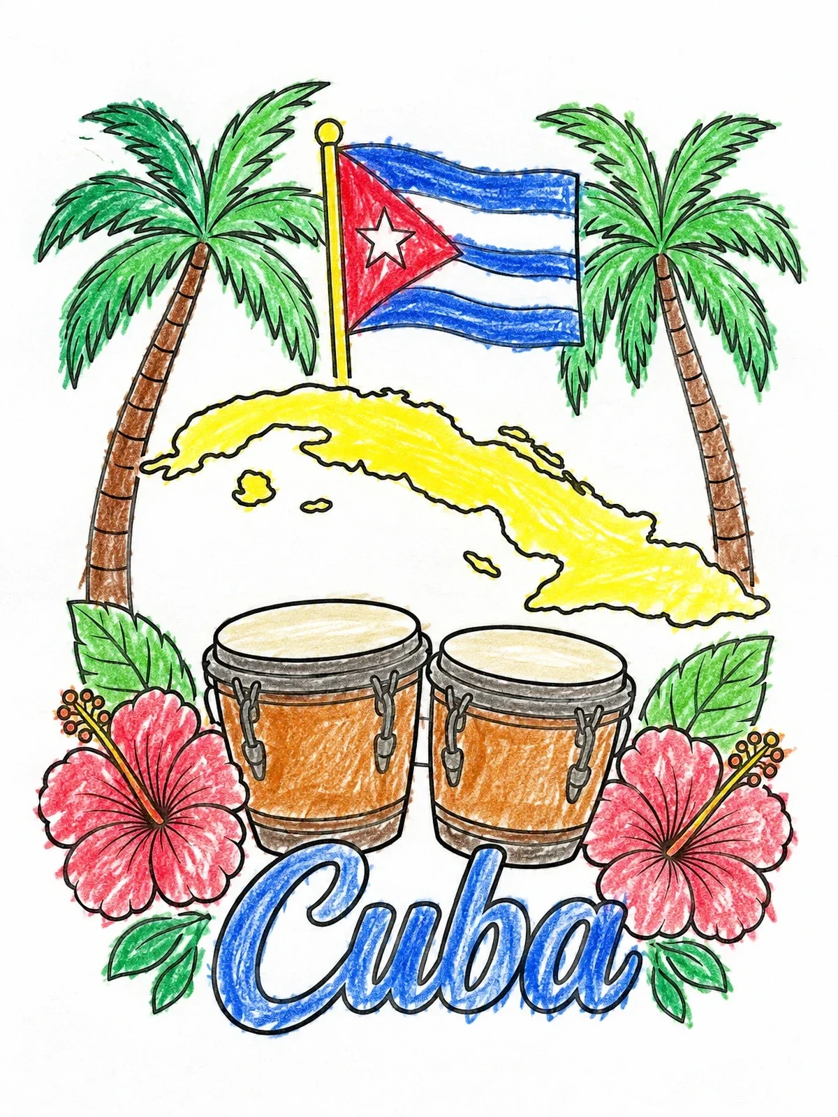 Colored example of the Cuban Symbols With Drums And Map coloring page