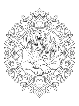 Two sweet pups resting in a boxer dog coloring page framed by a mandala pattern.