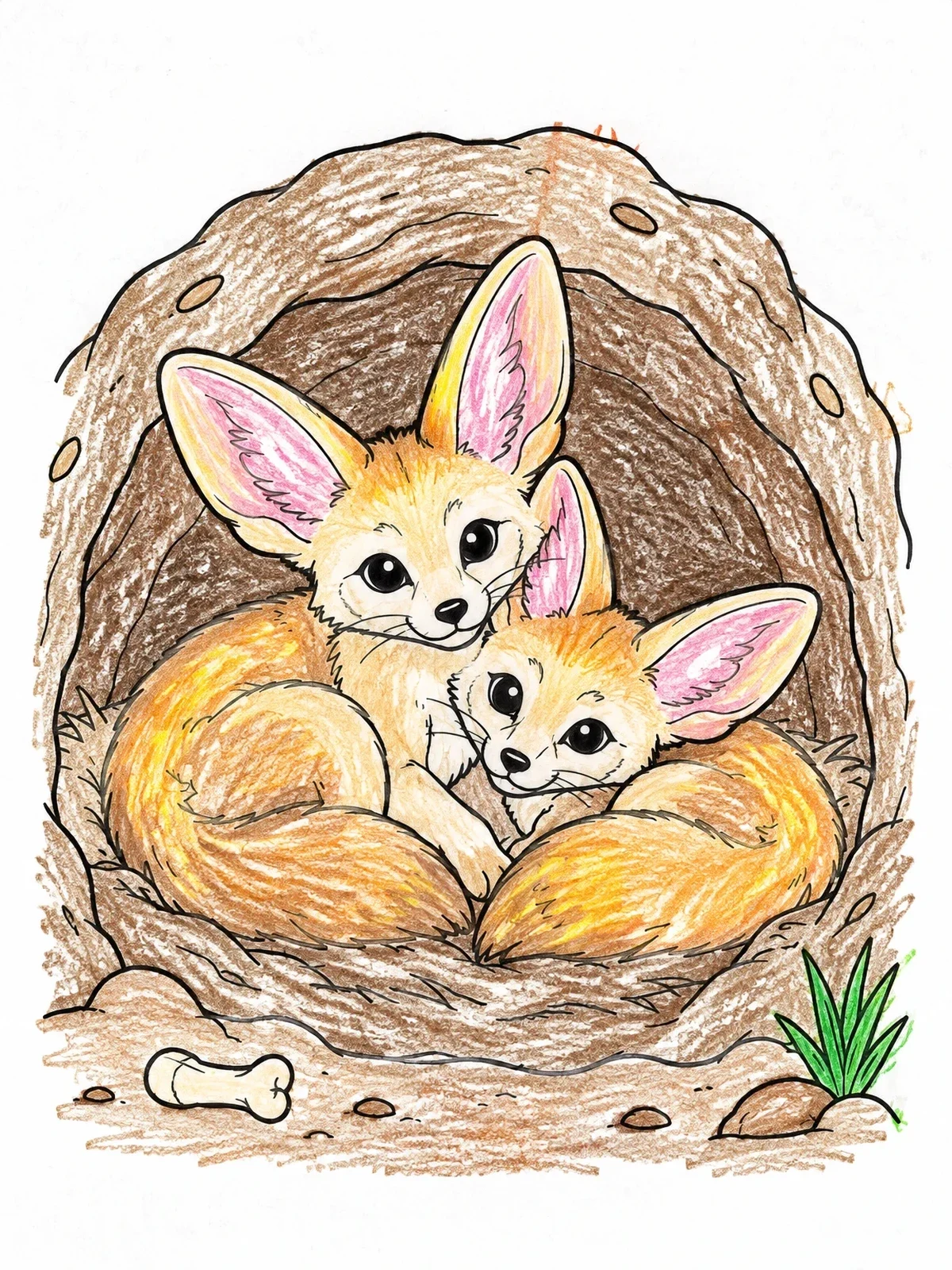 Colored example of the Fennec Foxes Cuddling In Den coloring page