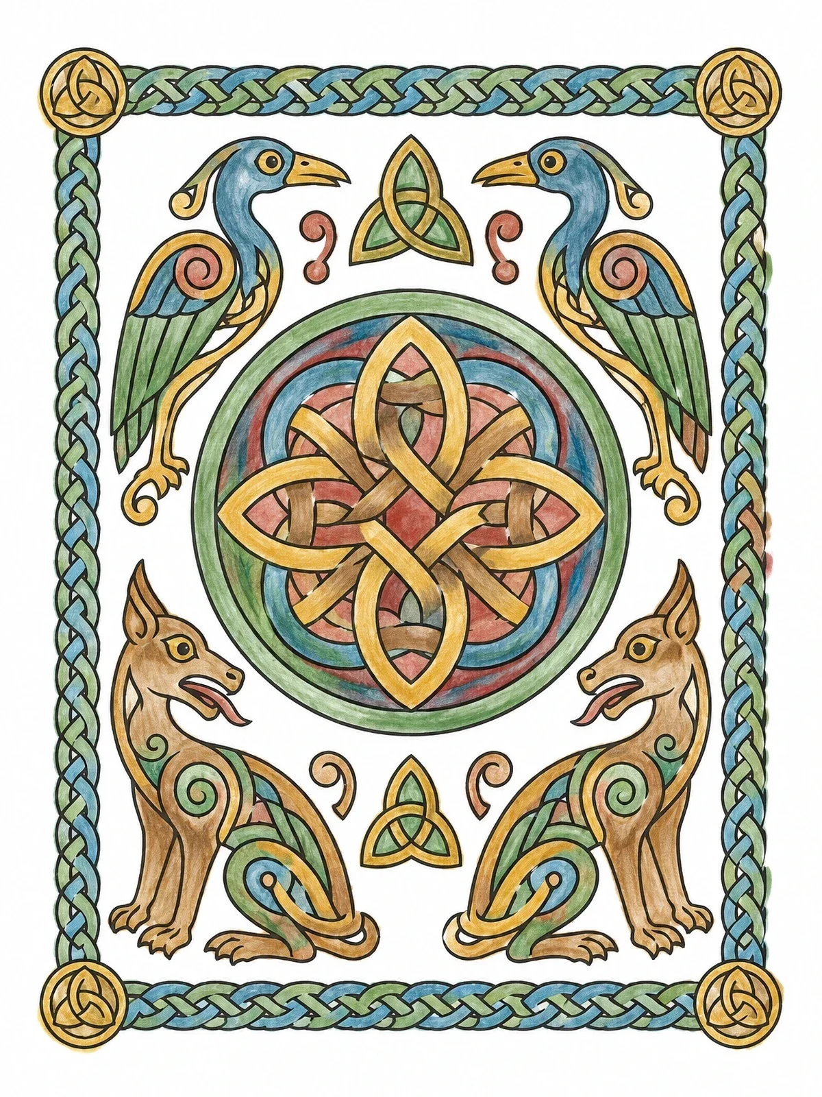 Colored example of the Celtic Knot Medallion With Animals coloring page
