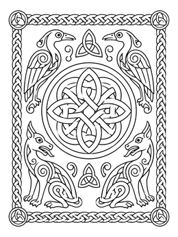 A cultural coloring page featuring a Celtic knot medallion flanked by stylized birds and hounds.