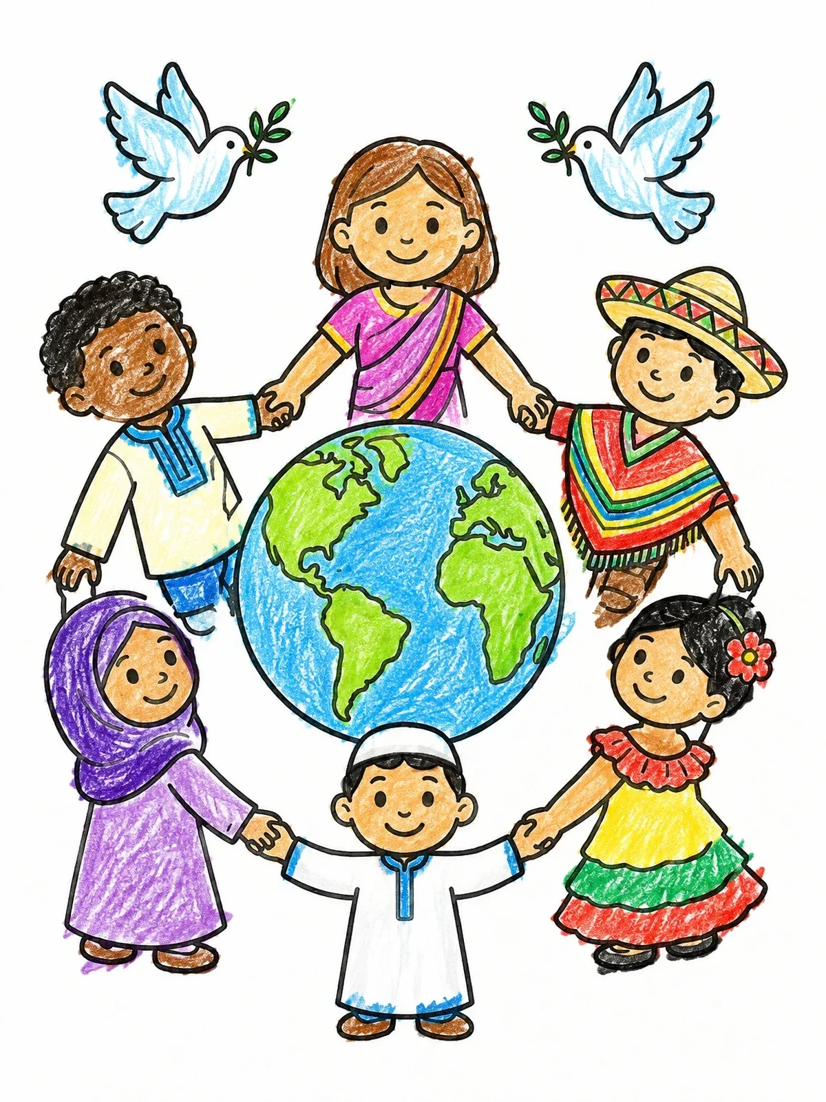 Colored example of the Children Holding Hands Around The Earth coloring page