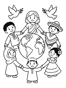 Free printable Children Holding Hands Around The Earth coloring page