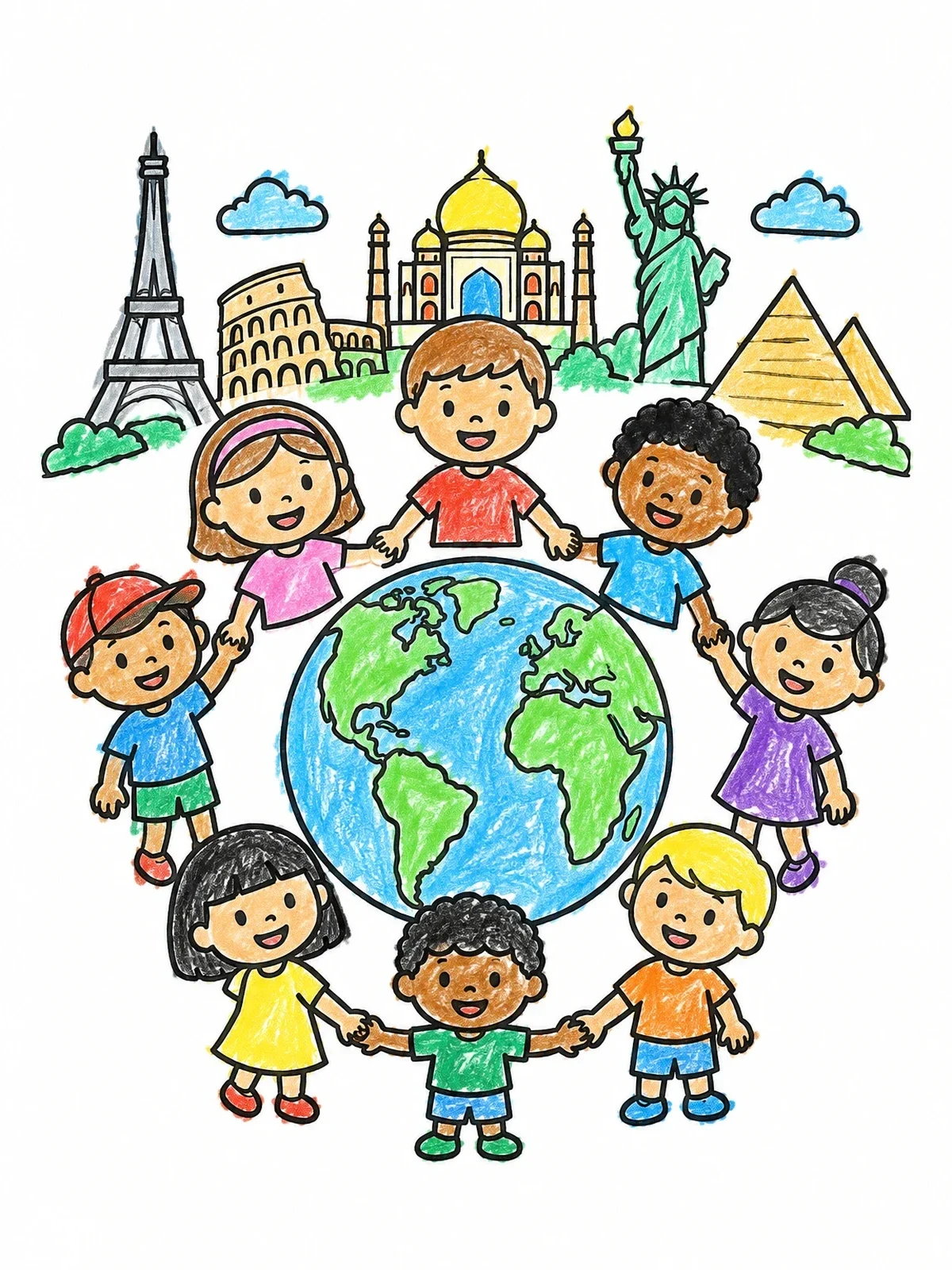 Colored example of the Children Holding Hands Around Planet Earth coloring page
