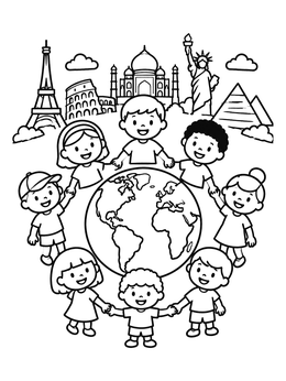 Free printable Children Holding Hands Around Planet Earth coloring page