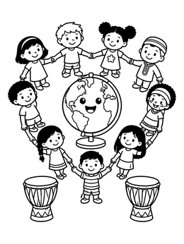 Free printable Children Around A Happy World Globe coloring page