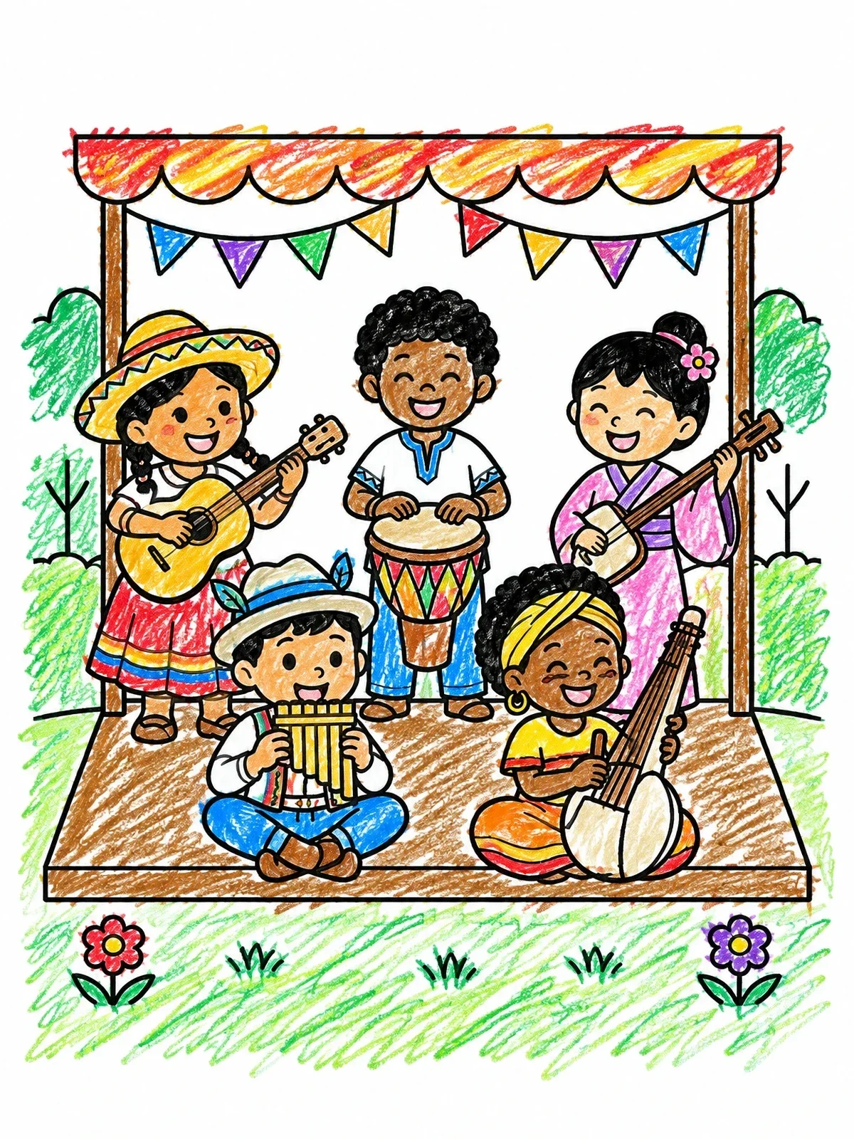 Colored example of the Children Folk Band On Stage coloring page